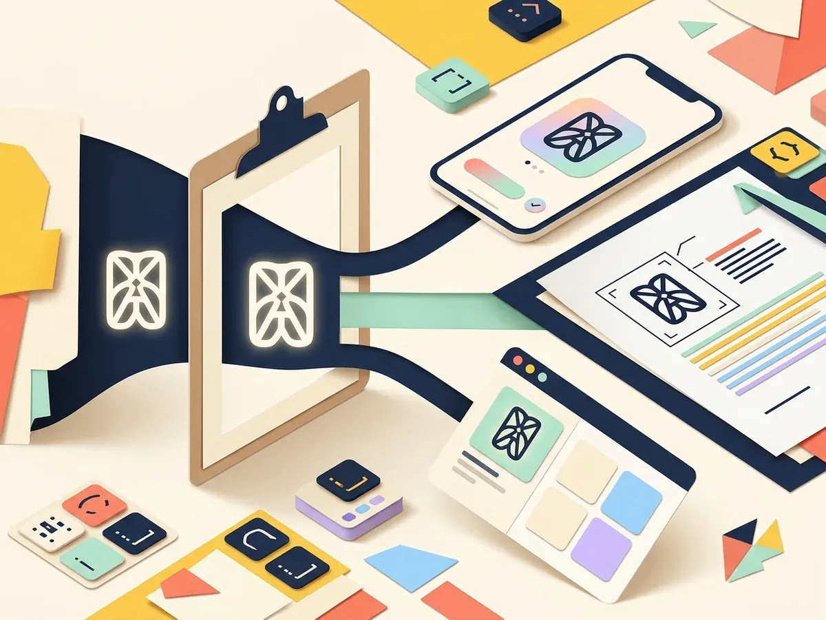 A symbol traveling from a clipboard through phone, code, and publishing layouts
