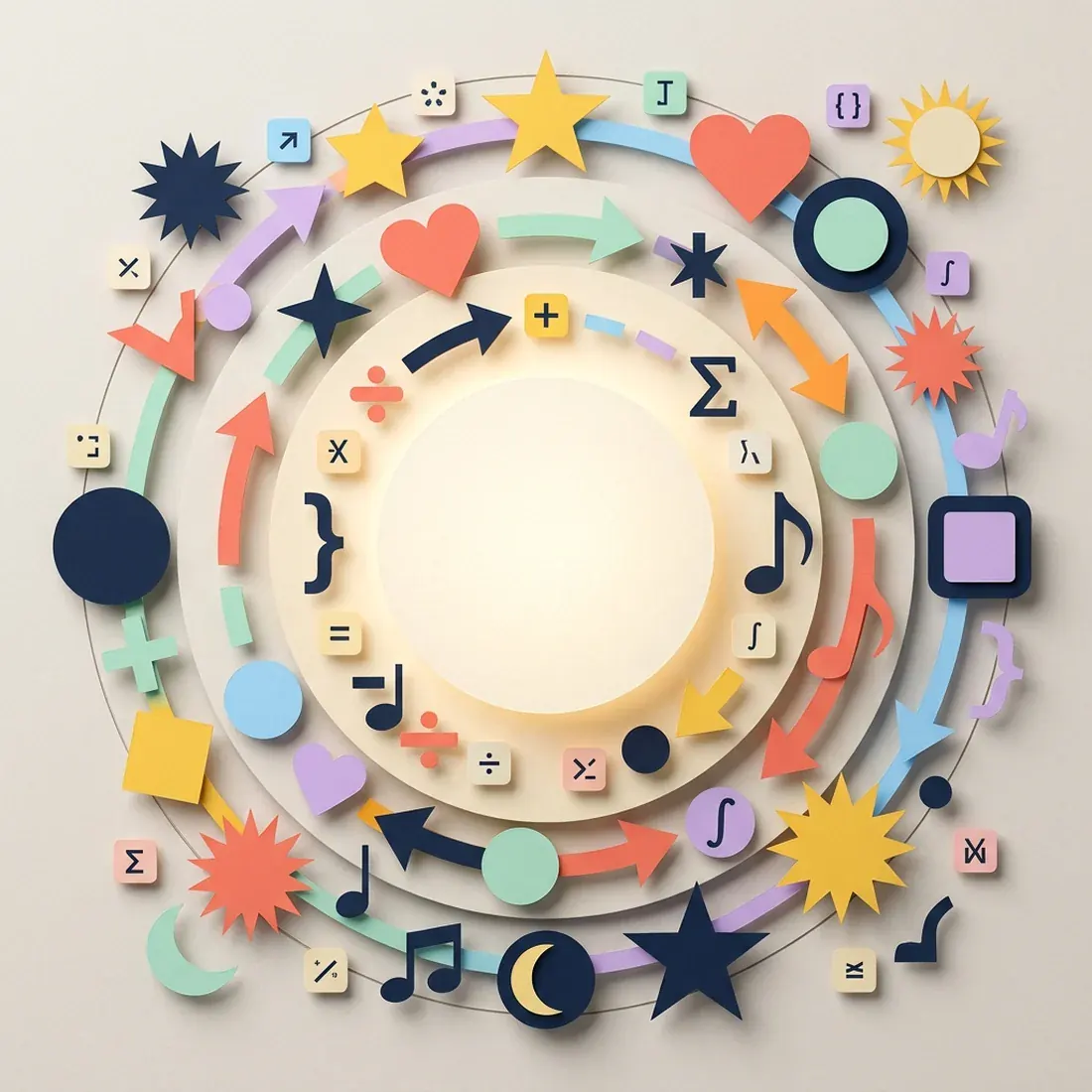 An editorial arrangement of typographic symbols, code points, and geometric forms