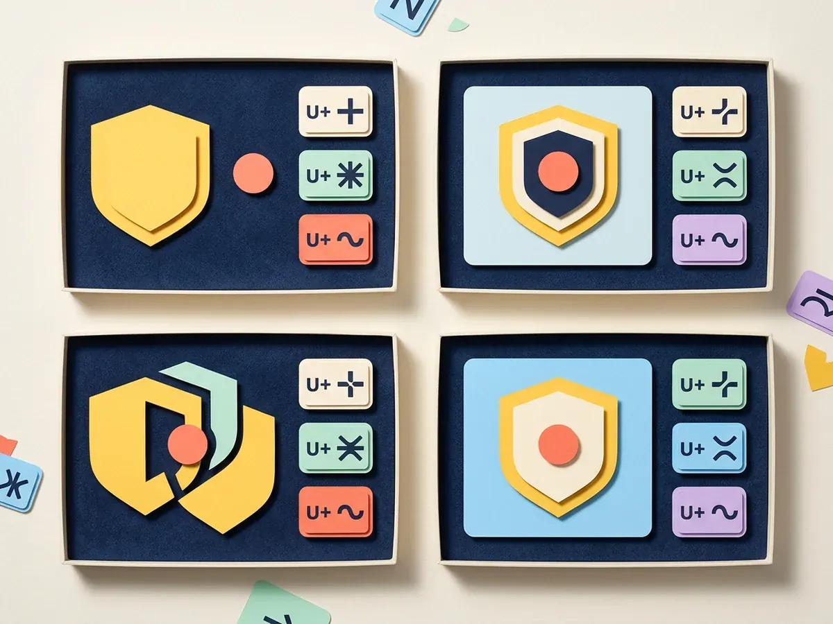 Four panels comparing transformed Unicode forms with code-point markers