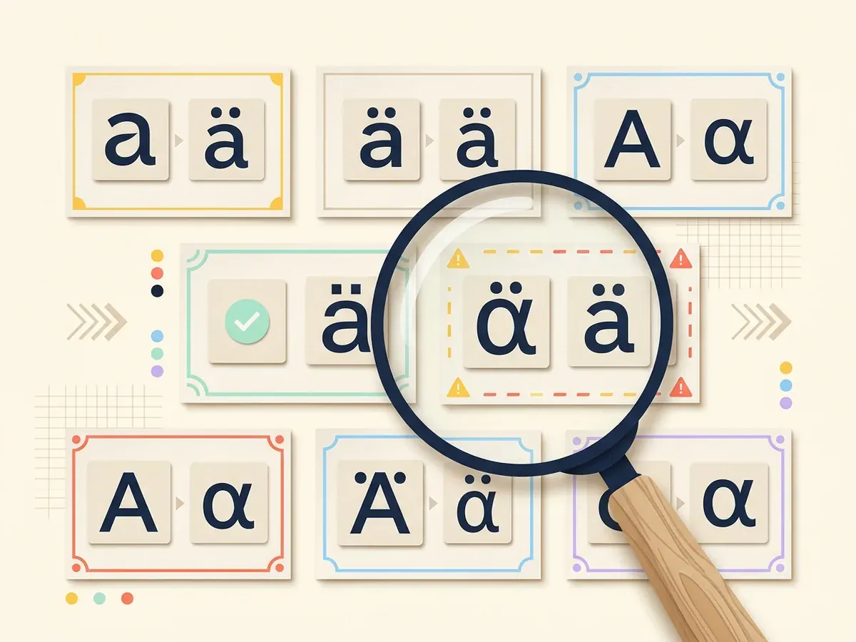 A magnifying glass comparing similar Latin, Greek, and accented characters