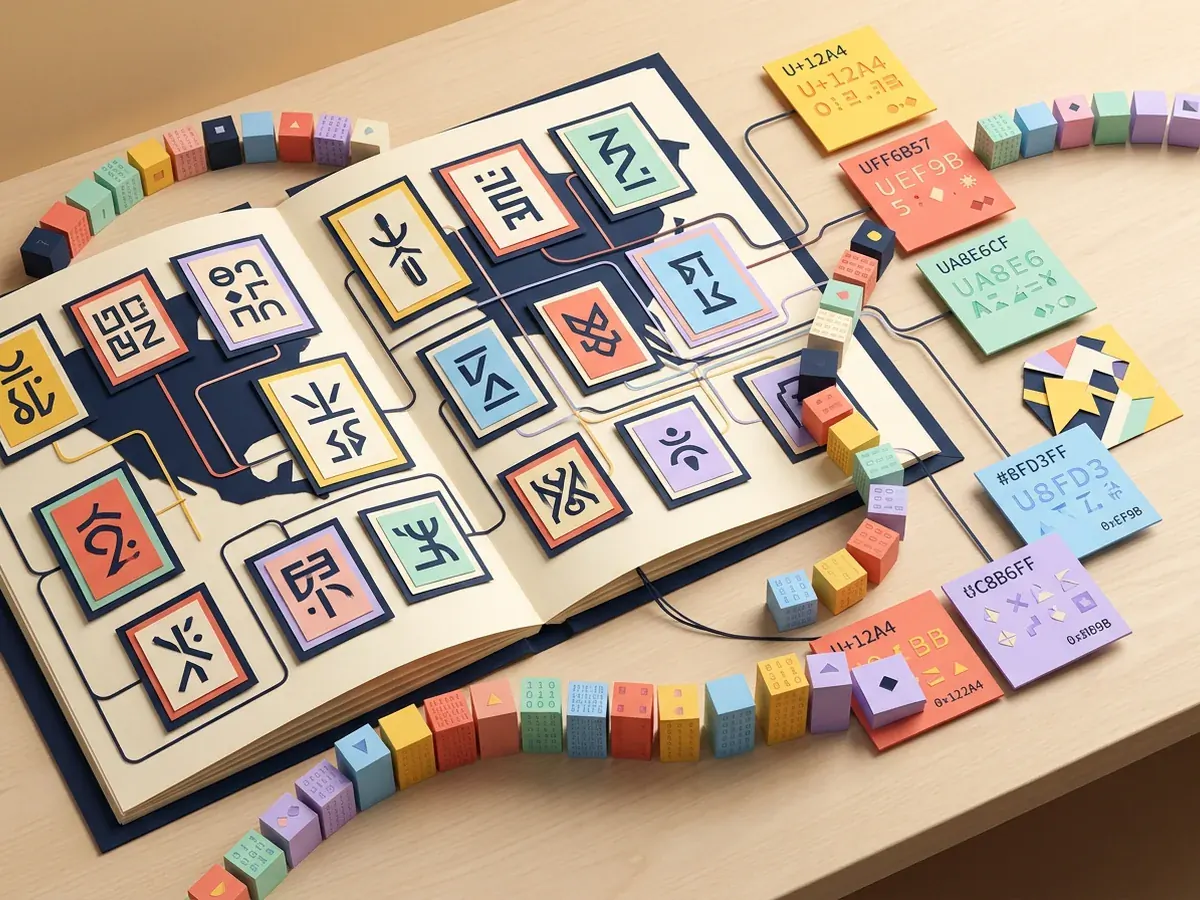 An open reference atlas linking character cards to code-point and byte labels